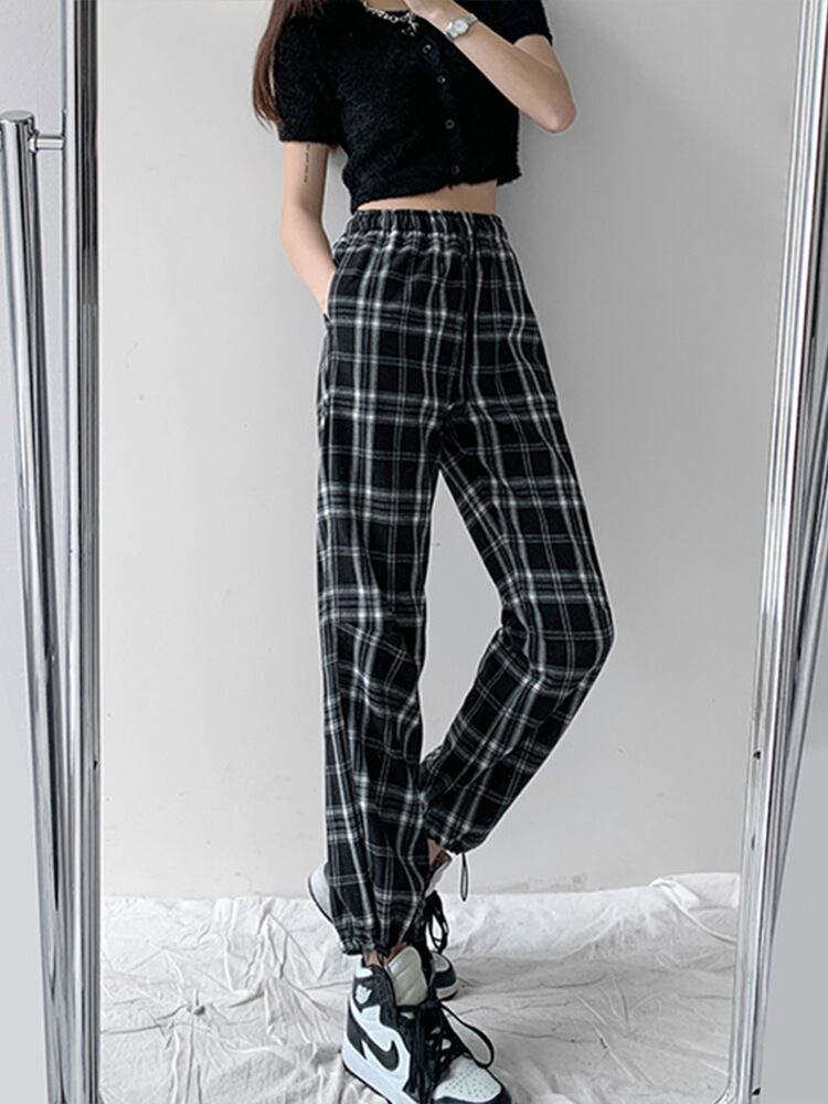 【新作】【送料無料】 レトロな香港スタイルの黒と白のチェック柄ルーズカジュアルパンツ女性用痩身ハイウエスト巾着レギンスストレートハーレムパンツ 0312510378849