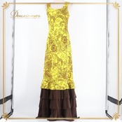 フラメンコ 衣装 DOCE del Flamenco ドセデルフラメンコ ドレス ワンピース イエロー系 ブラウン系 黄色 茶色 柄 模様 ボランテ フリル ノースリーブ 伸縮 ストレッチ 発表会 ダンス