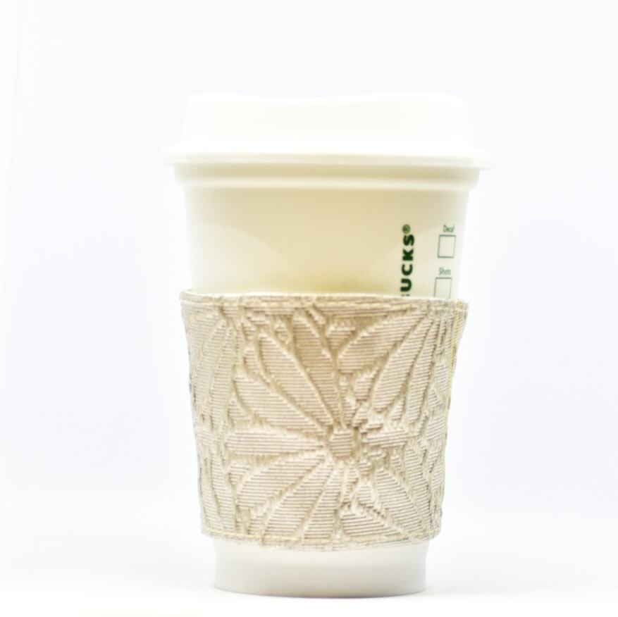 帯 カップスリーブ コーヒースリーブ リメイク 日本製 オフホワイト 花柄 菊 - cup sleeve