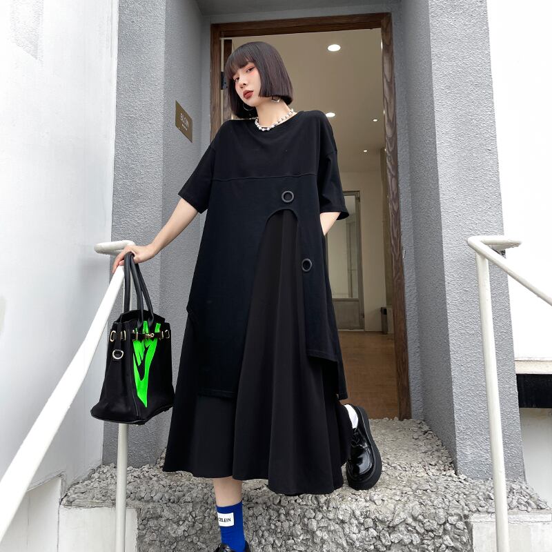 ブラックドレス サマースタンダードラウンドネックソリッド カラールーズ薄手Aラインスカート レトロ 夏物 Oネック ソリッドカラー ラブタオタオダレンハウス86354001254