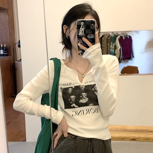 ショートTシャツ シャツ オータムVネックスリムプリント ロング 秋物 misskkl42587326003