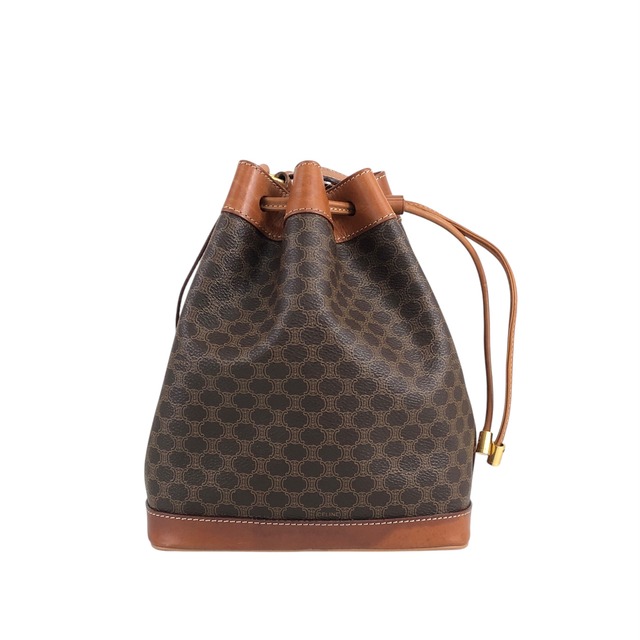 CELINE セリーヌ マカダム ショルダーバッグ ブラウン ブラゾン型押し PVC レザー 巾着 vintage ヴィンテージ オールド 6fj2eu