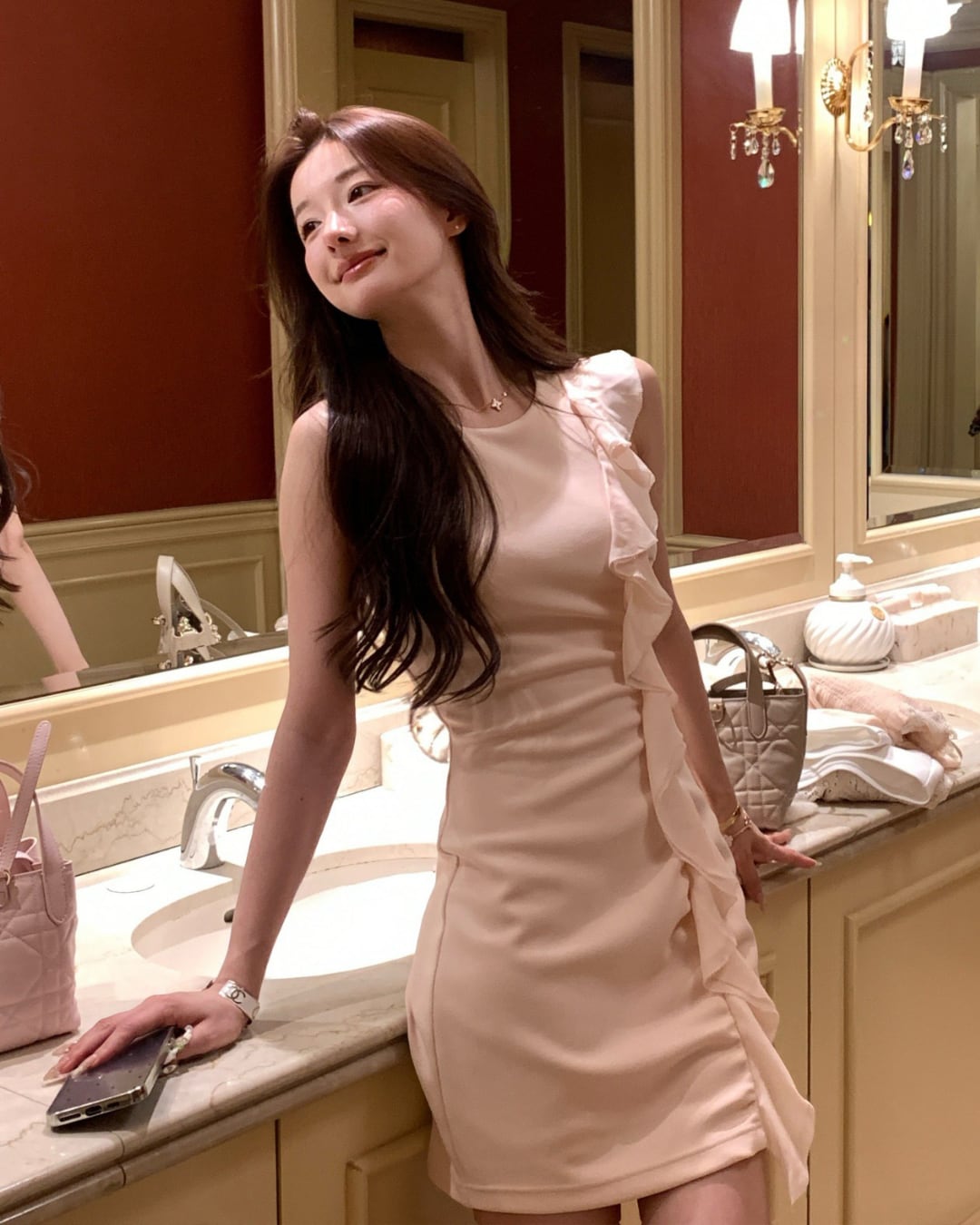 アシンメトリーフリルスリムワンピース l5289