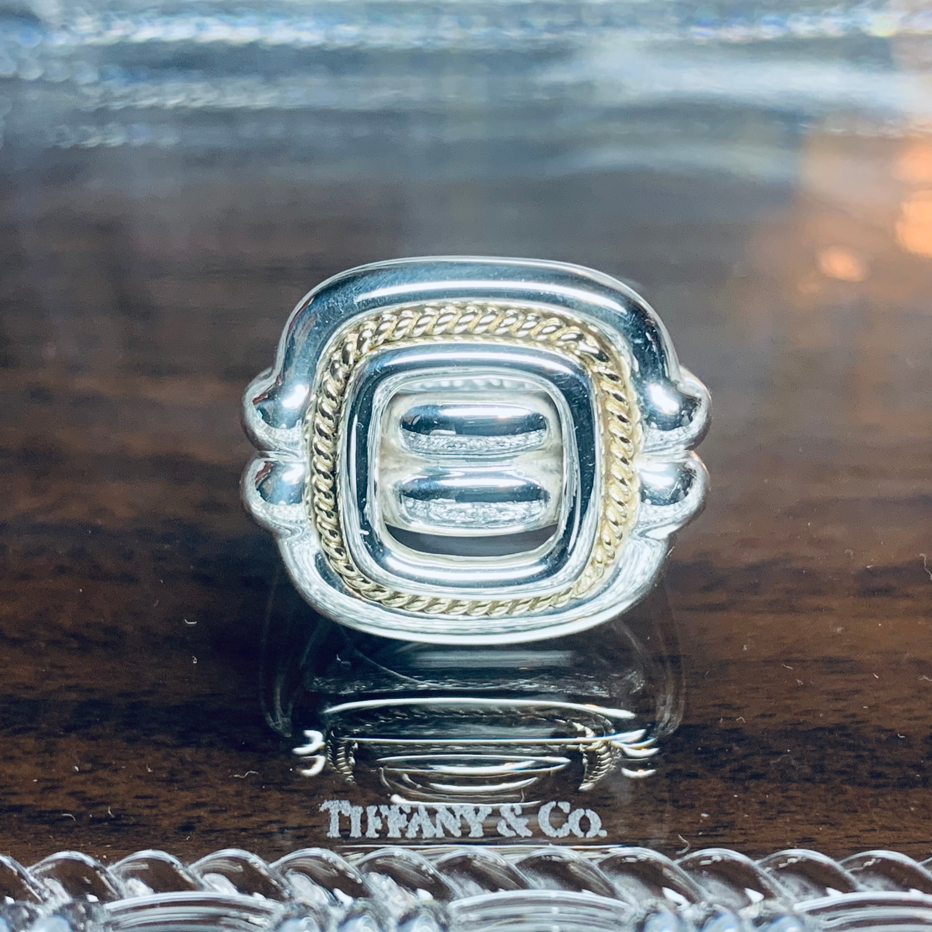 VINTAGE TIFFANY & CO. 18K Gold Combi Cushion Ring Sterling Silver