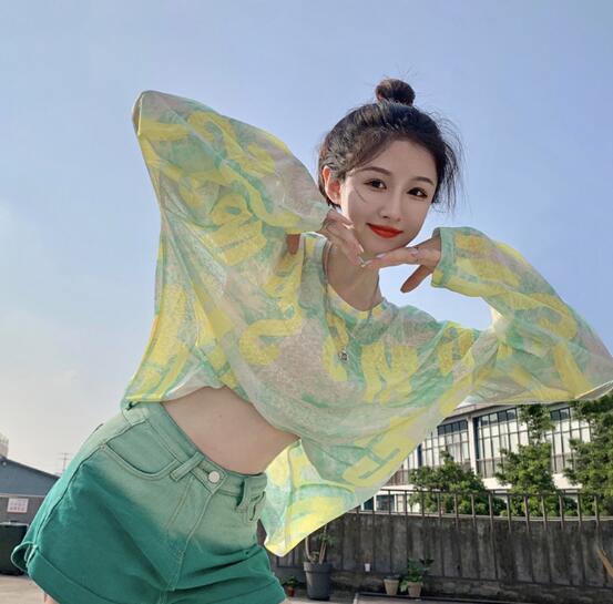 夏新作 レディース トップス Tシャツ 長袖 日焼け止め 冷感 絞り染 シースルー 韓国風