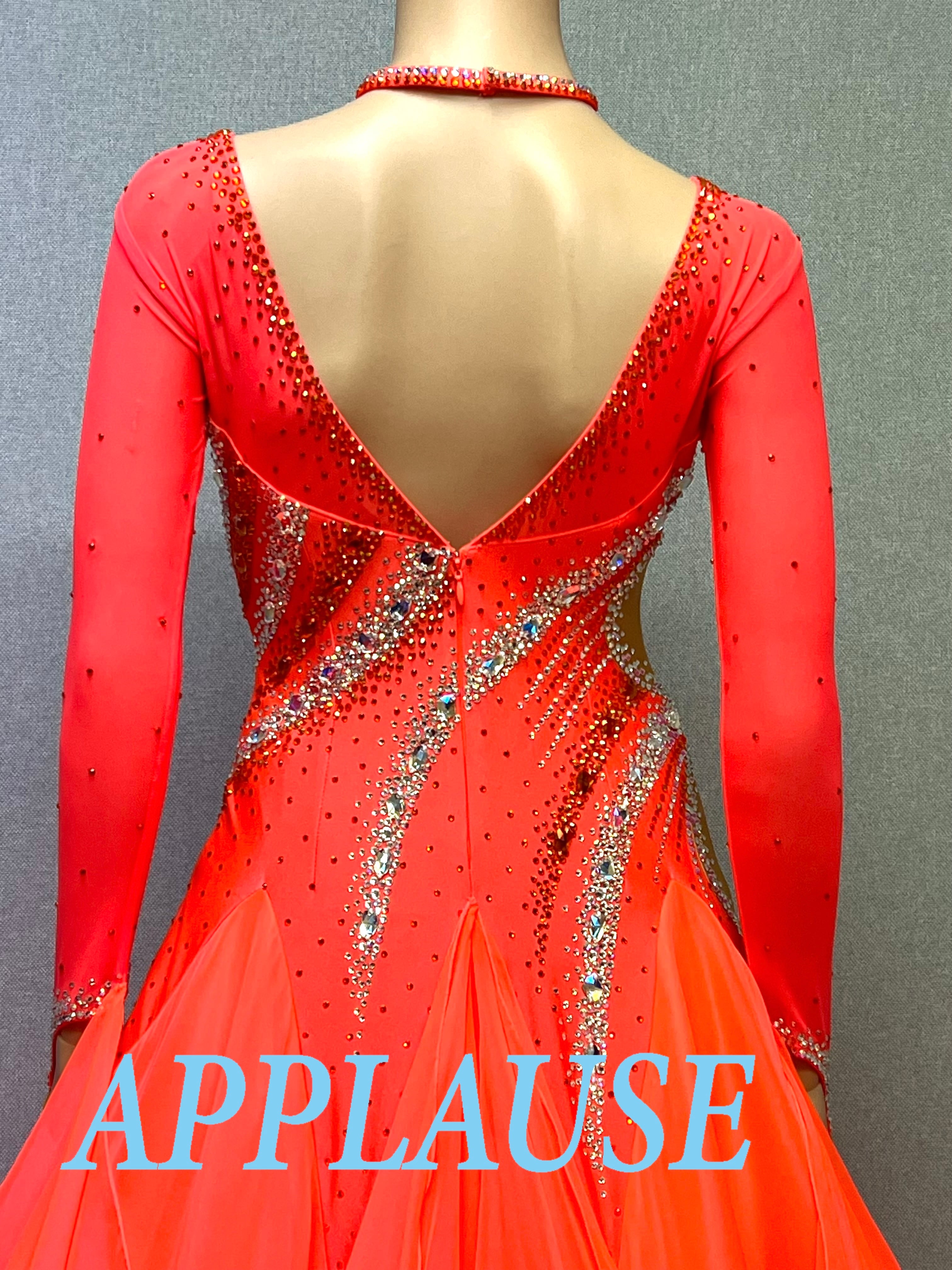 【新着】社交ダンス ドレス　モダン　スタンダード ドレス　ST-26-２　タンジェリンオレンジ　M〜L　デモ・競技用ドレス　発表会　衣装　パーティドレス　ワンピース　舞台衣装