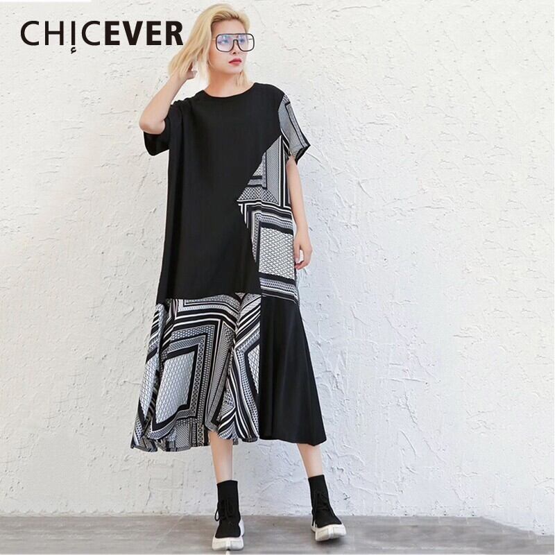 CHICEVER春パッチワークプリントヒットカラーレディースドレスOネック半袖ルーズオーバーサイズミッドカーフドレスレディース2020 ショート ハーフスリーブ スプリング 春物 6base54424834103