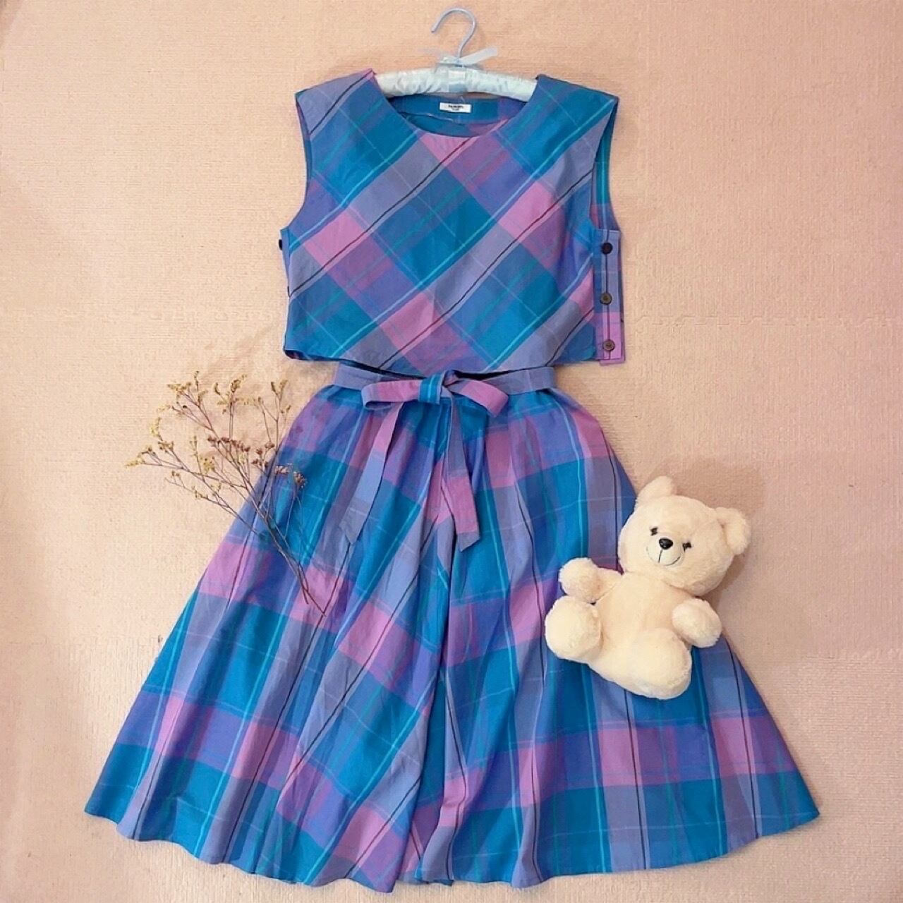 blue pink check ensemble one-piece