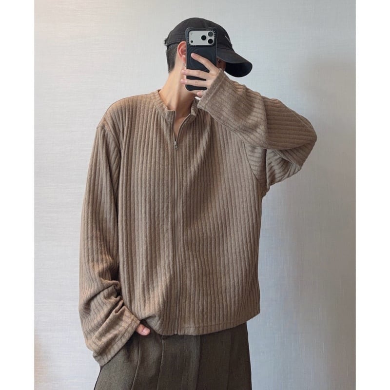 dannyandzeeファスナー付きスタンドカラー長袖ニットカーディガン