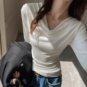 ドレープ Tシャツ 長袖 レディース 春秋 トップス 韓国 大人 カジュアル きれいめ ストリート おしゃれ ドレープネック 無地 カットソー 大人可愛い 大人女子