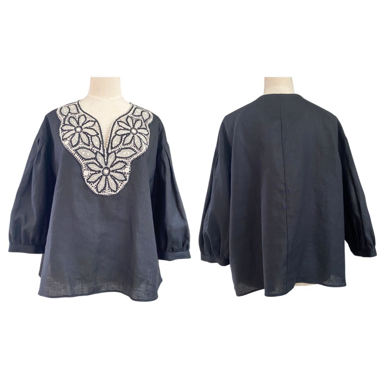 ブラジリアン 手編み ニードルレース リネン七分袖ブラウス 黒