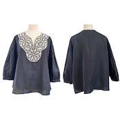 ブラジリアン 手編み ニードルレース リネン七分袖ブラウス 黒