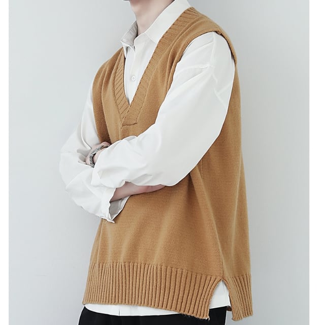 予約販売】ニットベスト 無地 シンプル Vネック ベーシック 重ね着