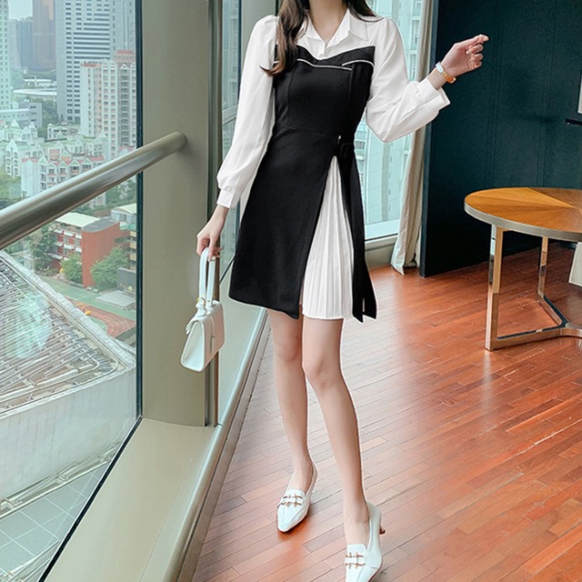 ワンピース レディース 送料無料 ミニ丈 長袖 カジュアル サイドプリーツ 春夏秋 124984