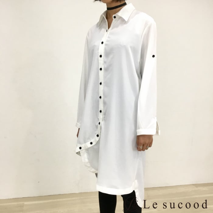 【Le sucood】アシンメトリー ロング シャツ モード 全二色 黒 白 ユニセックス メンズ レディース 無地 S字ボタン 大きいサイズ  シャツワンピ 変形シャツ ロングスリーブ フリーサイズ コクーンシャツ ロングワンピース 変形ワンピース ルシュクード