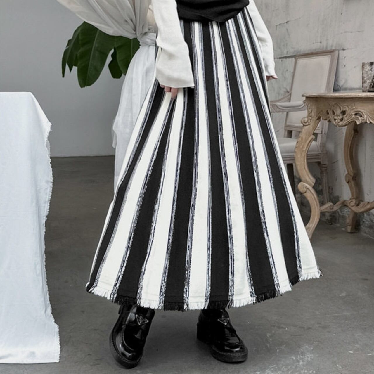 Stripe Fringe Flare Skirt 01358