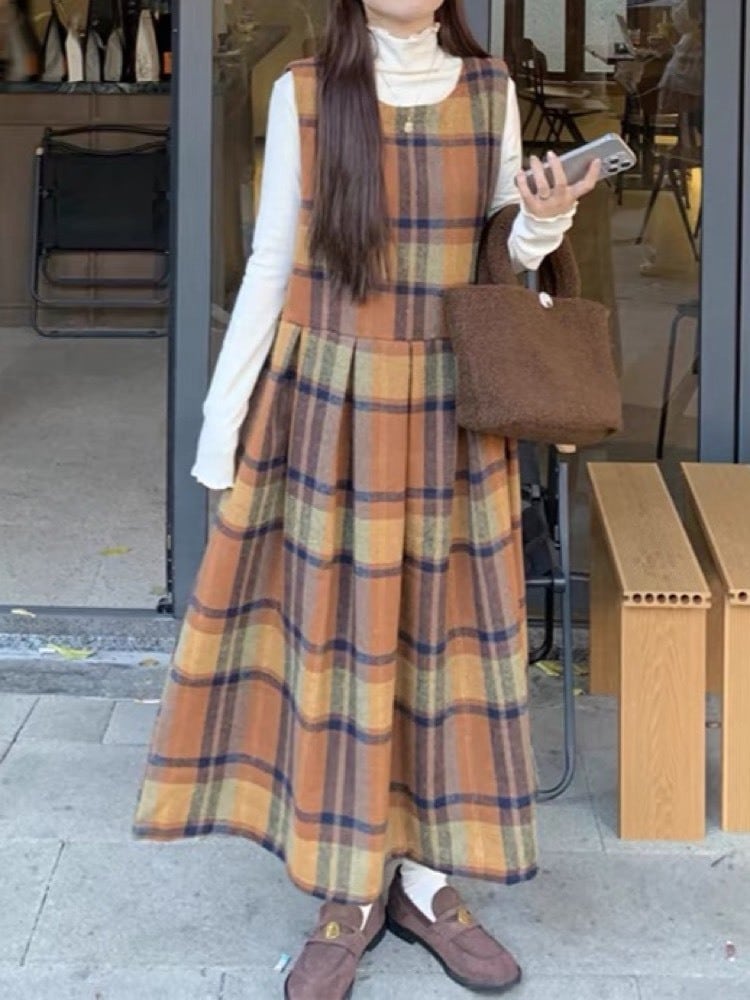 重ねるだけで季節が深まる チェック柄ジャンパースカート 大人可愛い 上品 お洒落 清楚 大人フェミニン 着痩せ 細見え 体型カバー 大きいサイズ 韓国 CH11368