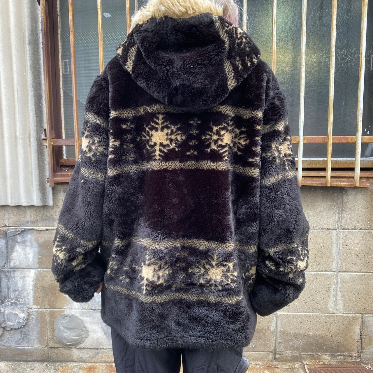 雪柄 総柄 フェイクファー エスキモーパーカー ブルゾン レディースXL 