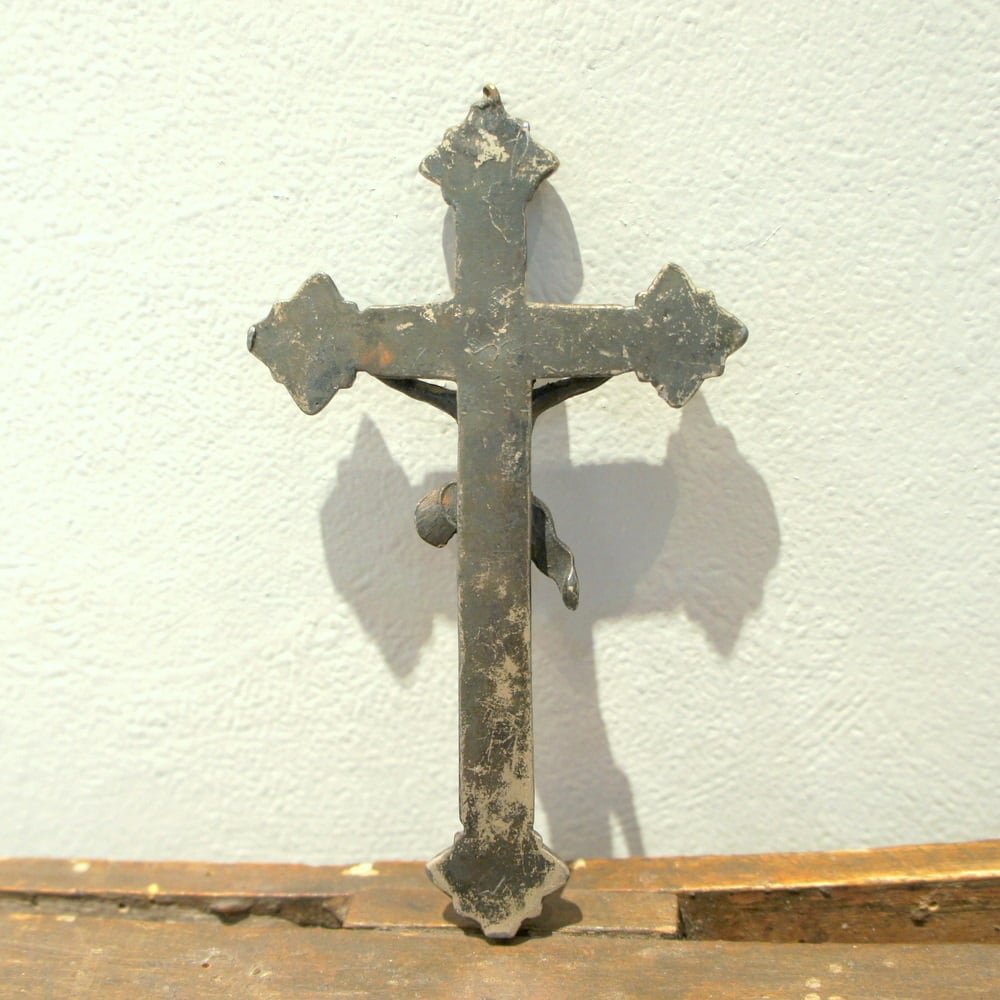 陶芸アンティーク　陶器　聖水盤　イエス・キリスト　壁掛け　十字架　キリスト教