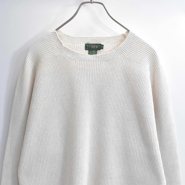 90s J.CREW ジェイクルー 旧タグ リネンコットン リブニット ラグランスリーブ クルーネック セーター アイボリー グレージュ ヴィンテージ ビンテージ USA アメリカ古着 メンズM相当