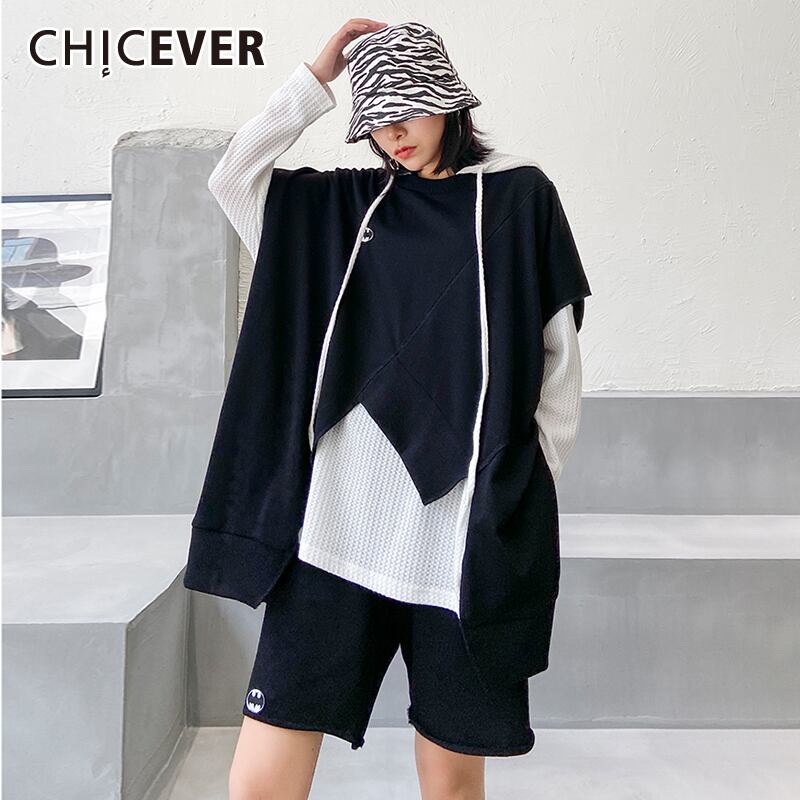 CHICEVERブラックツーピースセットレディースOネックノースリーブルーズアシンメトリーヘムトップスミニマリストショートパンツセット2020 6base570221874906