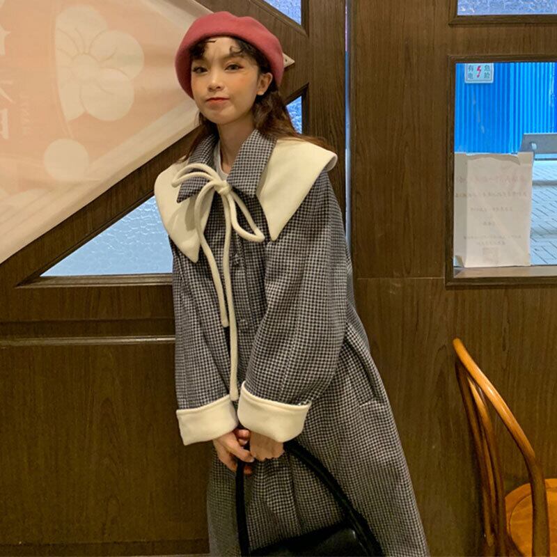 スタンダード格子柄コート オータムウィンターカラートップス ロング レトロ 秋物 冬物 ステッチ 萌量不足92059420481