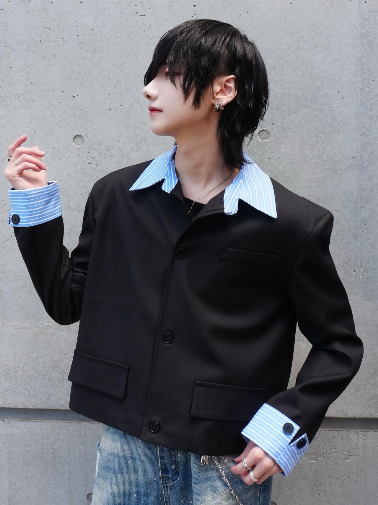 【ALUDEOSAKA】bicolor short shirt jacket [サイズ: black] [カラー: F]