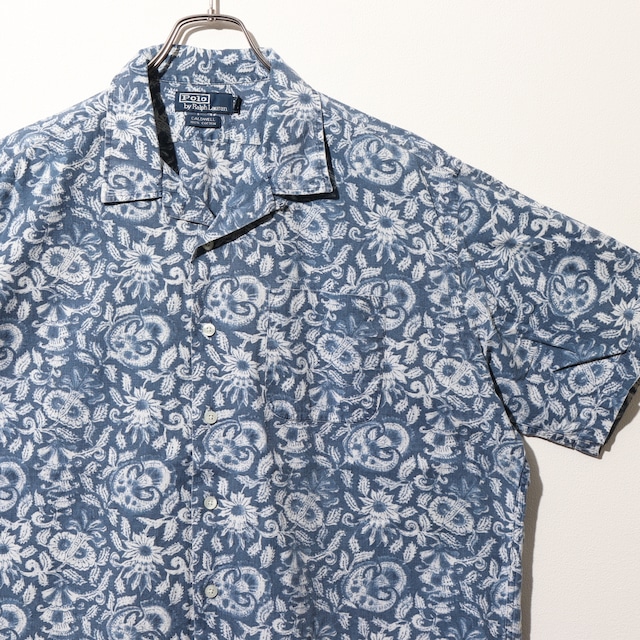 美品 XL 草木柄 ブルー コットン Caldwell Polo Ralph Lauren ポロラルフローレン 半袖開襟シャツ