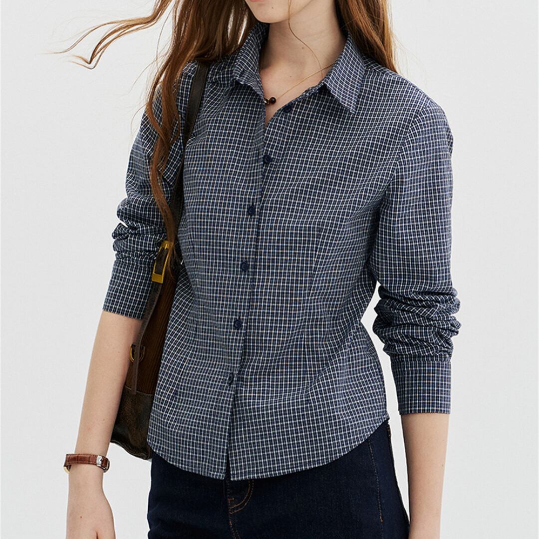 grid pattern lapel collar shirt