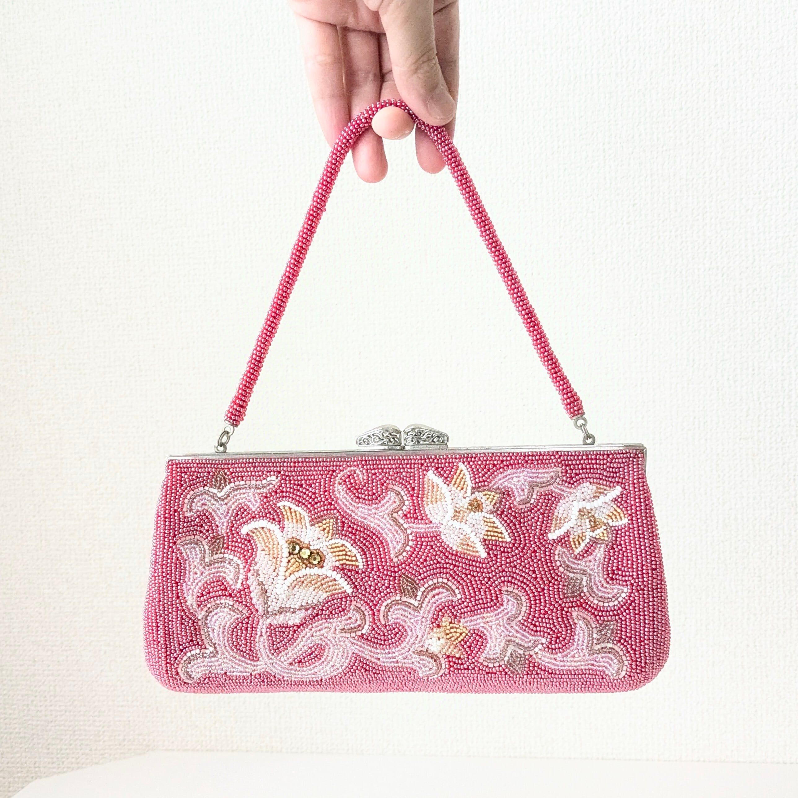 Vintage】ビーズ刺繍バッグ 濃いめピンク 花唐草 クラッチバッグ