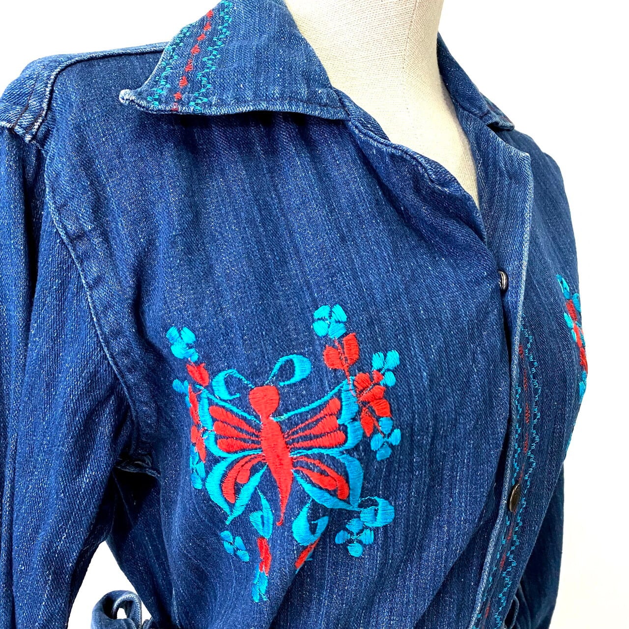 70s USA オープンカラーシャツ デニム 花柄刺繍 vintage