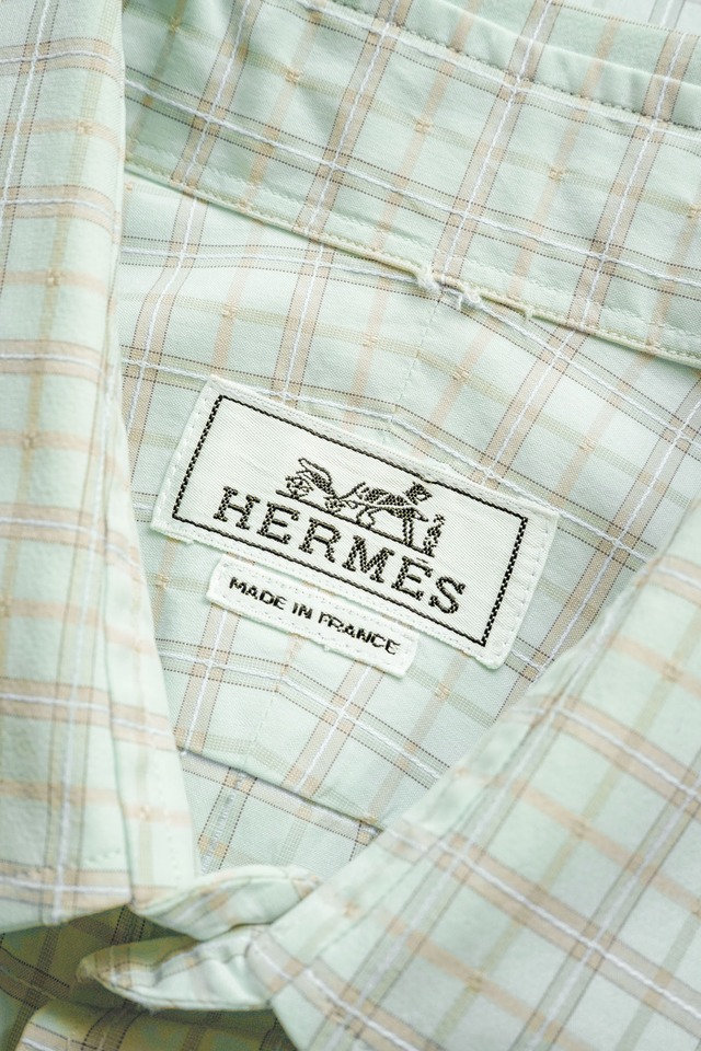 00's "HERMÈS" Jacquard Check Pattern Cotton Dres Shirt Made in FRANCE (Design by Véronique Nichanian)