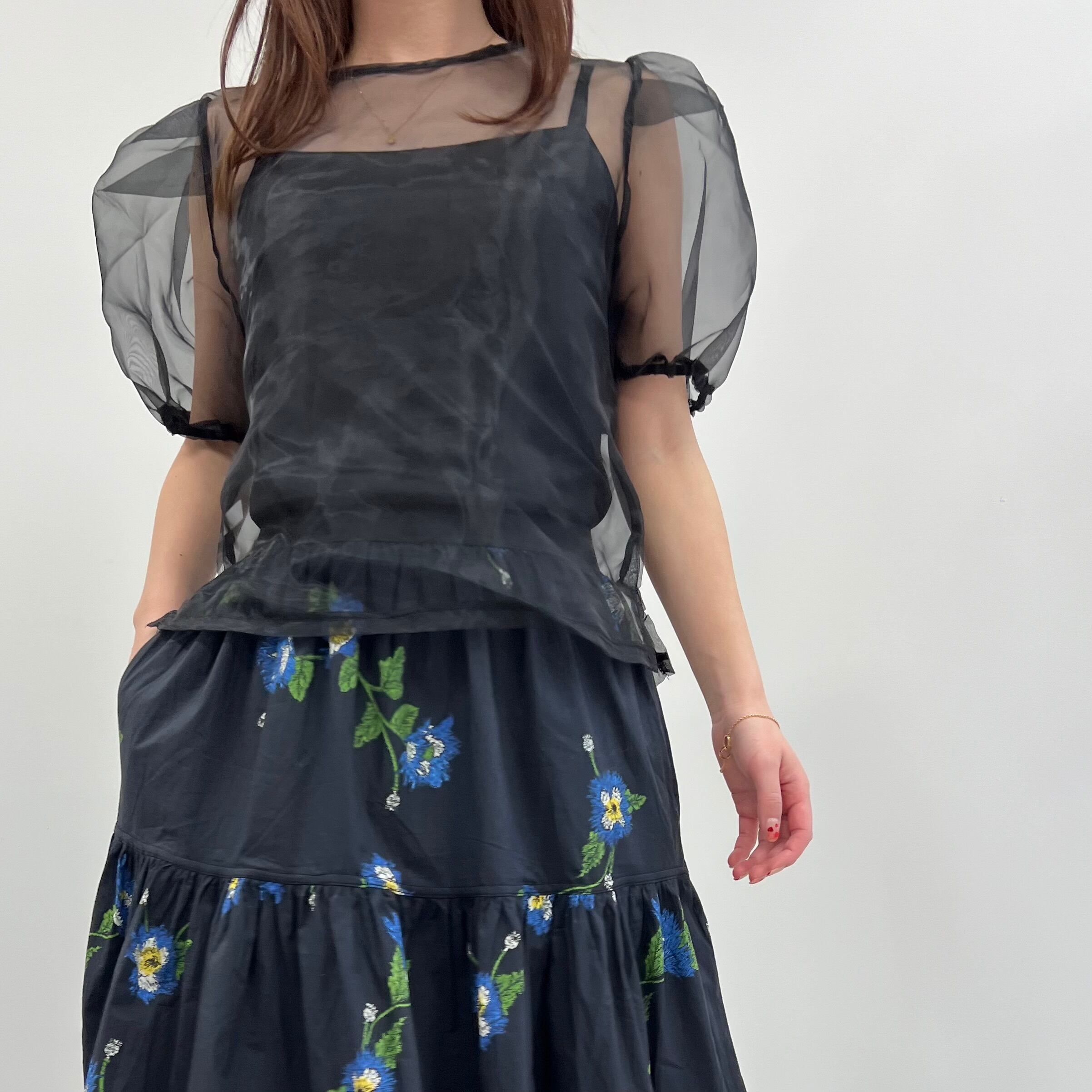 オーガンジーパフスリーブトップス セール】オーガンジードロストパフスリーブ半袖トップス（Tシャツ