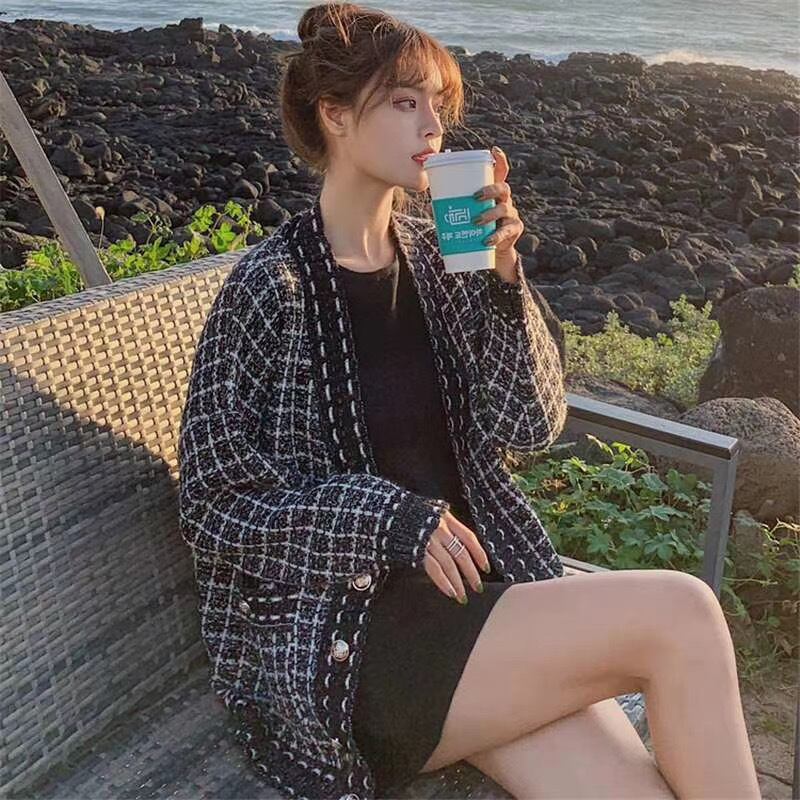 チェックニットカーディガン