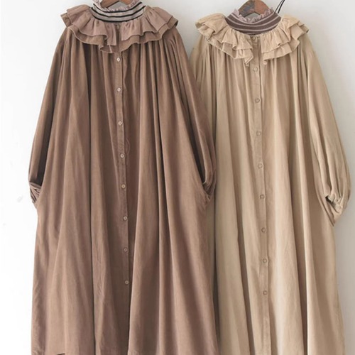 2色／フリルネックギャザーシャツワンピ ・9754