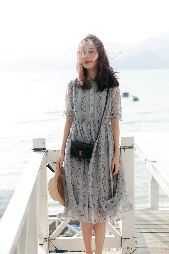 超人気セール ワンピース 花柄 お出44 デート フレア ガーリー パープル ミニ丈 シフォン