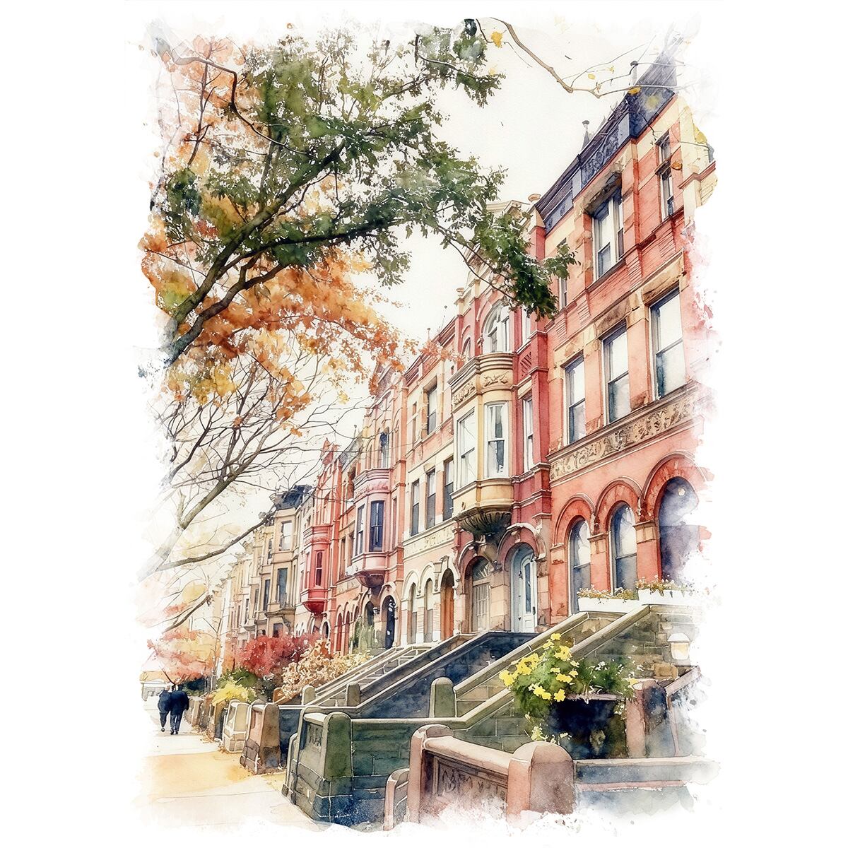 絵画 アメリカ 風景画(街並み) ブルックリンパーク スロープ インテリアアート額付き 水彩画・油絵調 WAT0305