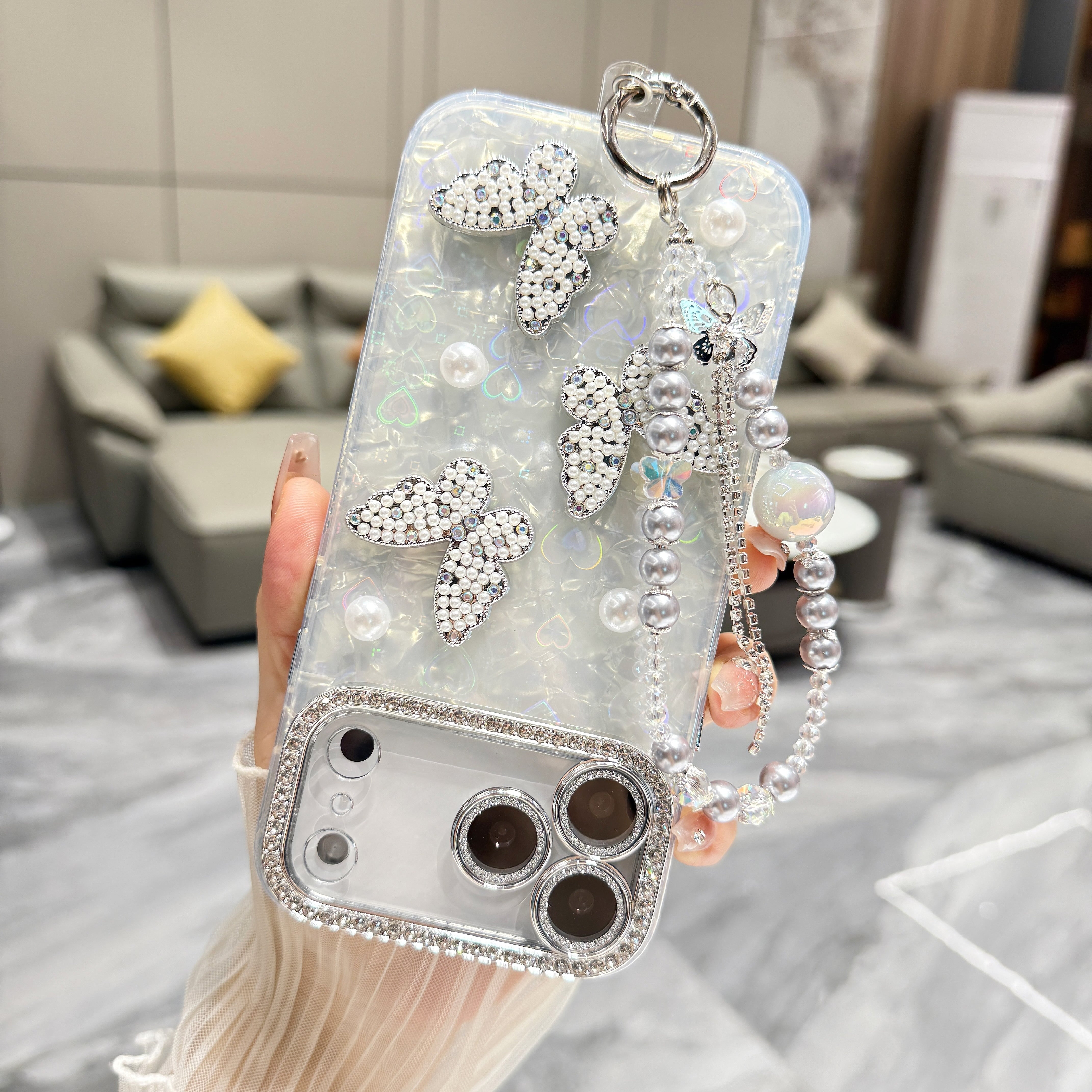シェル柄 蝶々 iPhone 17 16 15 14 13 ケース パール ストラップ付