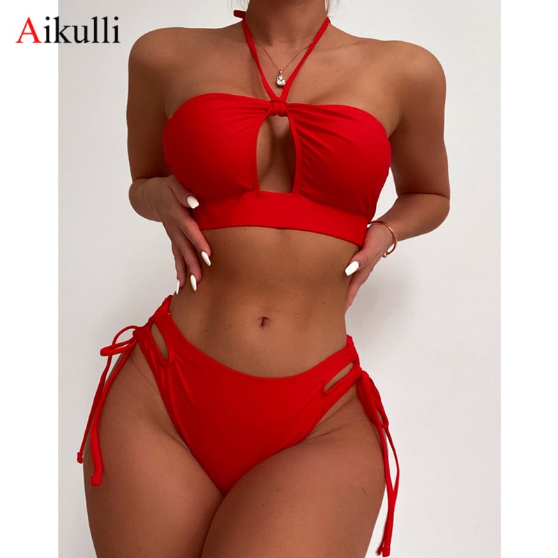 送料無料 レッドカットアウトビキニセット水着女性セクシーレース