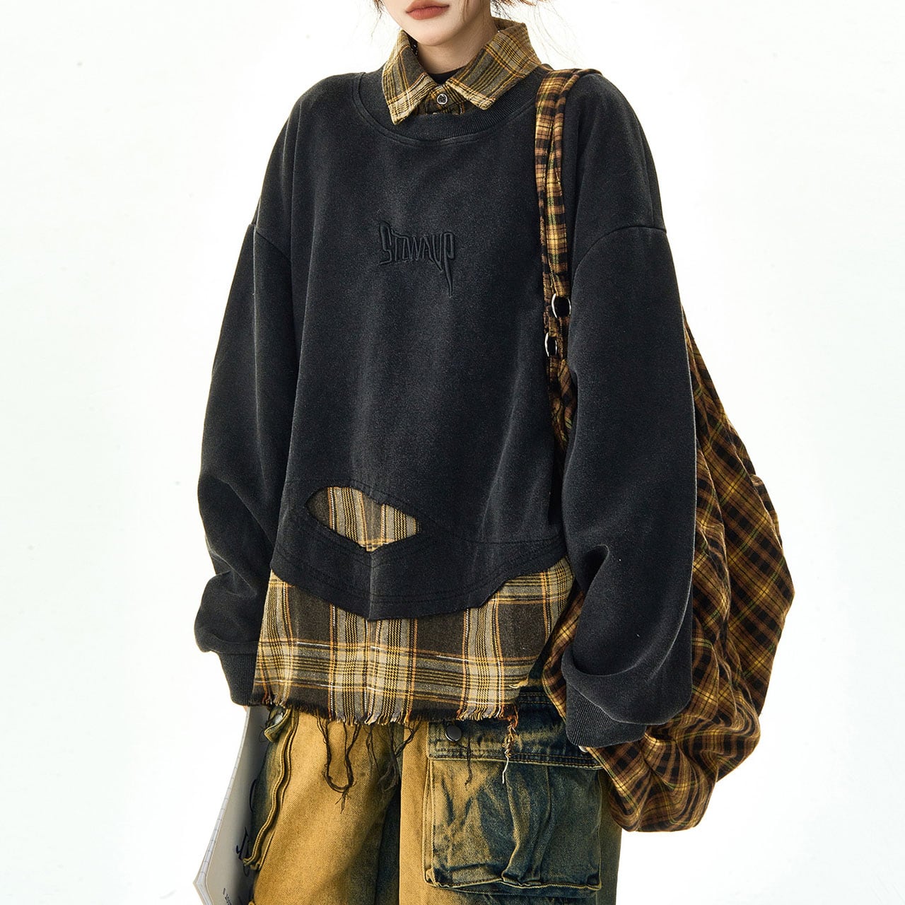 チェックレイヤードクラッシュスウェット 2col R00983