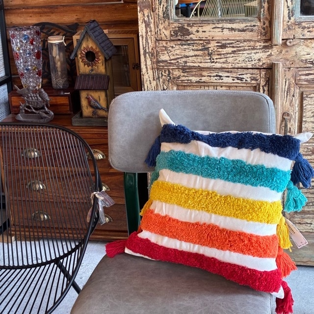 TOPANGA Homefurnishing  Rainbow Colorful Cushion Cover Border レインボーカラフルクッションカバー　ボーダー　45×45cm　フリンジ付き　刺繍　カバーのみ　インナークッション