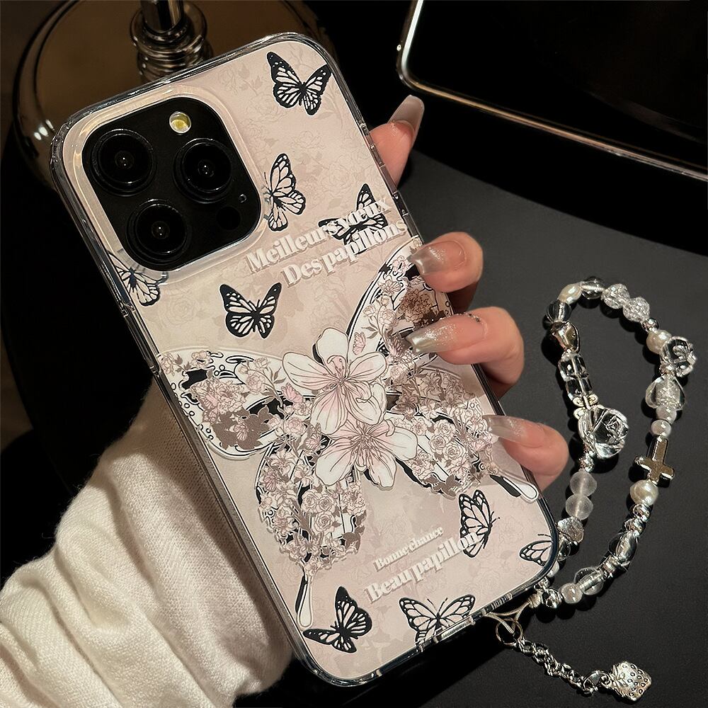 iPhone15対応】品よく華やぐバタフライ◎ 美しい 蝶々×バラ ビーズ