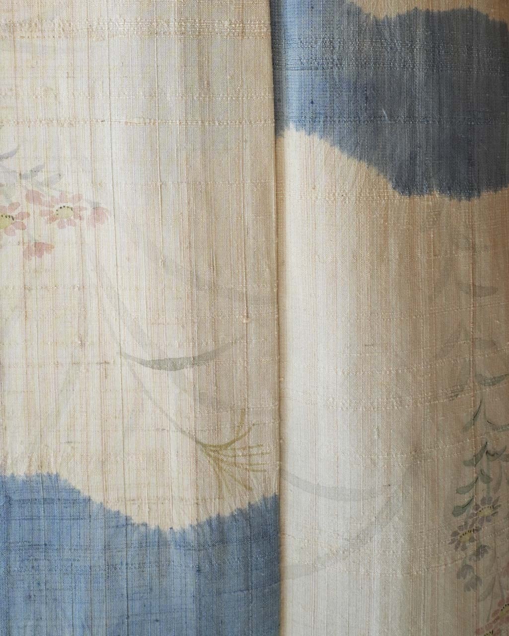 【単衣】生成色地 雲に秋草文 紬