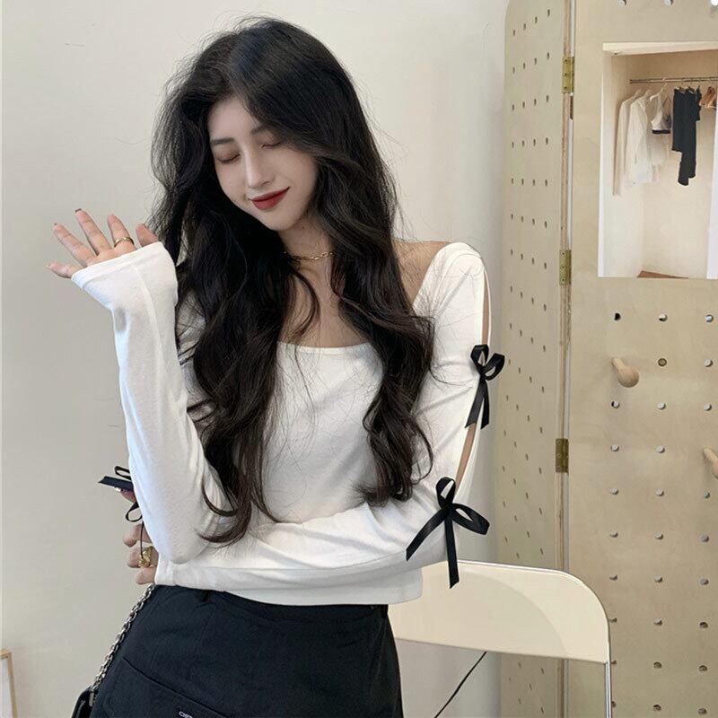 リボンホワイトTシャツ シャツ レディーススプリングトップス ロング 春物 オフショルダー 萌量不足30140785125