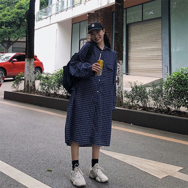チェック柄 シャツワンピース ネイビー 可愛い 通学コーデ お出かけ 韓国 ファッション ロング丈 ロングシャツ ワンピース 0198 Smarly チェック柄 シャツワンピース ネイビー 可愛い 通学コーデ お出かけ 韓国 ファッション ロング丈 ロングシャツ ワンピース 0198 Smarly