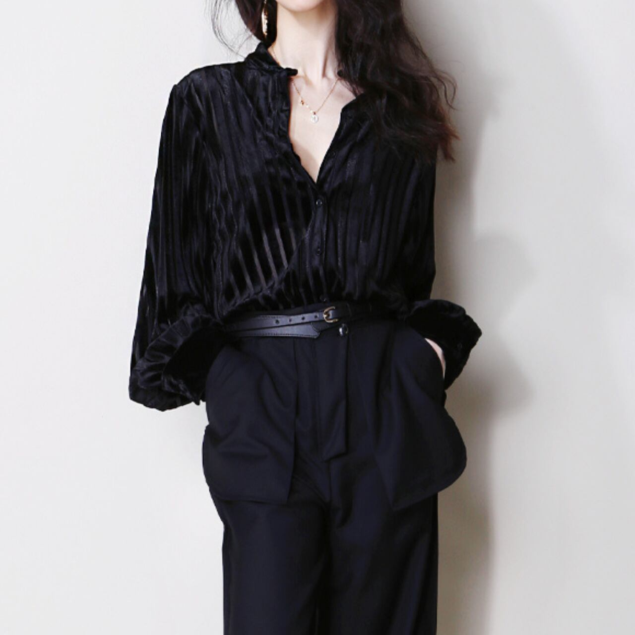 ベルベットストライプオーバーサイズシャツ 01035