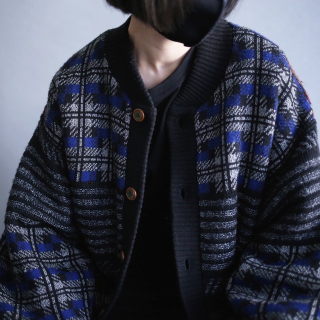 good coloring grid switching pattern loose silhouette knit blouson