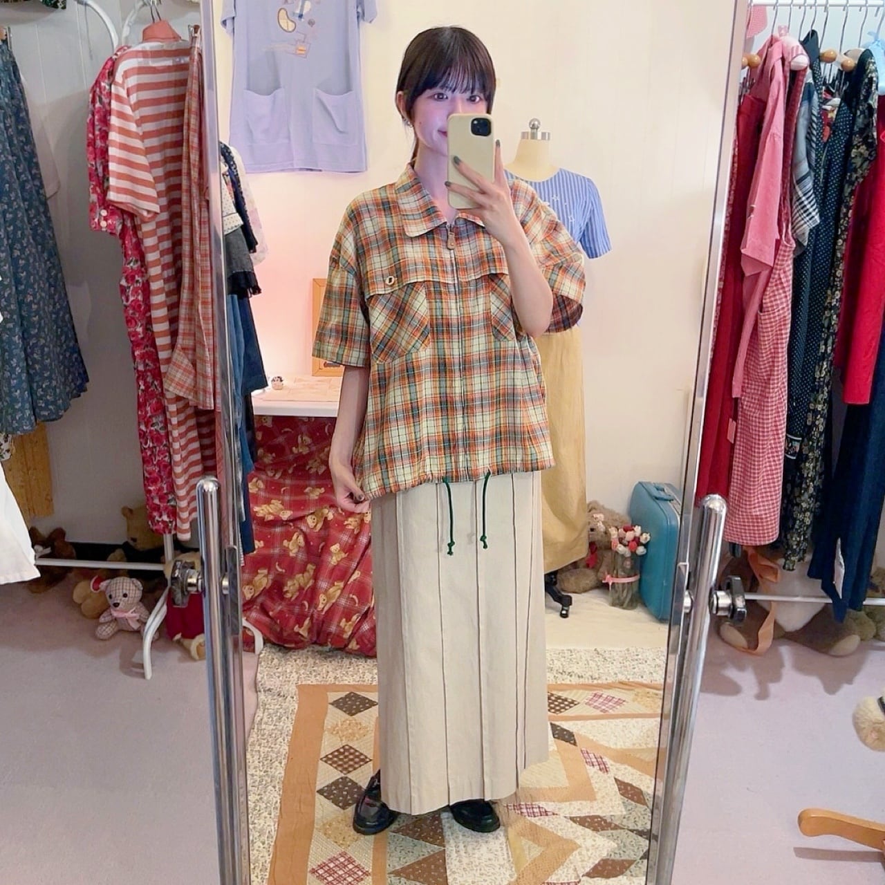 green madras check zip-up shirt