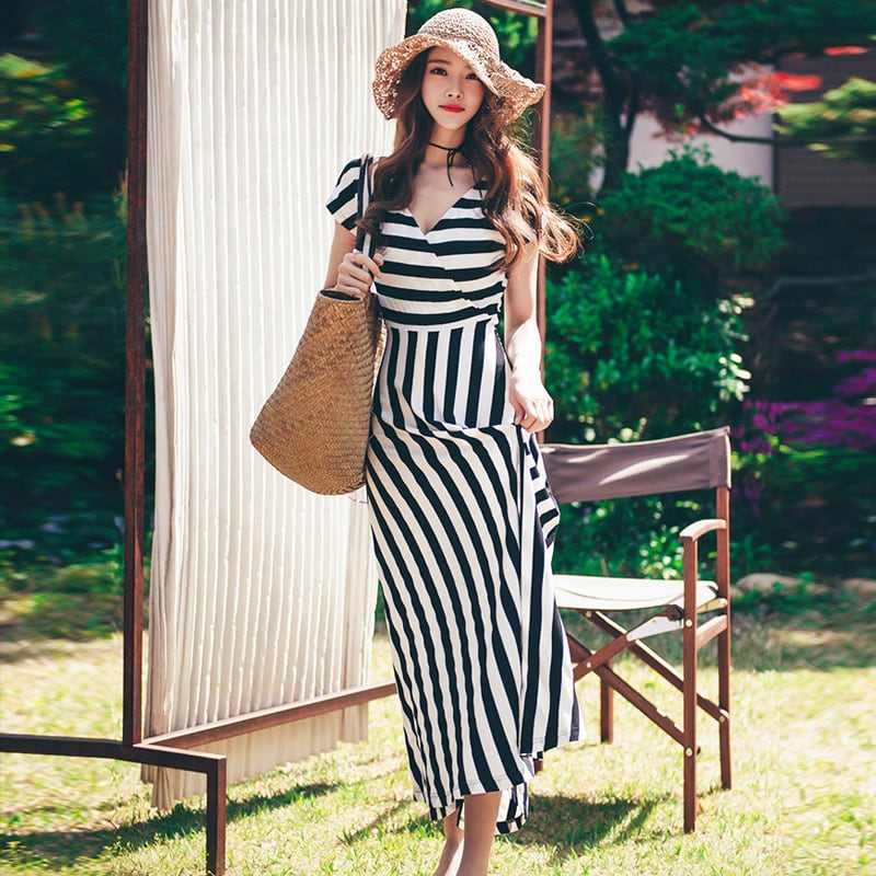 ブラック ストライプ Vネック ロングドレス