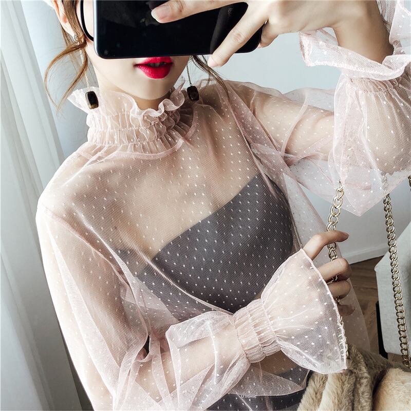 シースルー ドット タートルネック 透け感 レース レイヤード